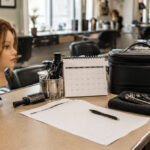 A beauty school salon station with a mannequin head, blank exam sheet, renewal calendar, clean tools, and travel case arranged for cosmetology licensing preparation.