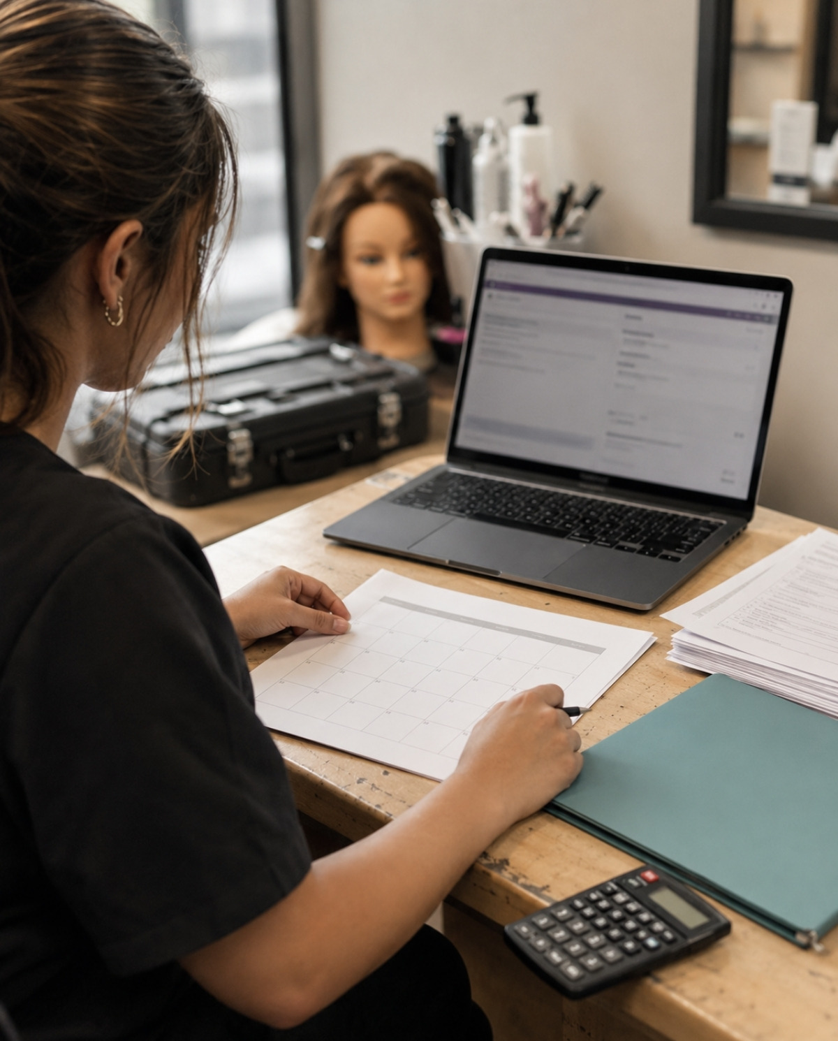 Cosmetology student reviews a blank calendar, blurred online exam portal, forms, calculator, and folder while planning a board exam date.
