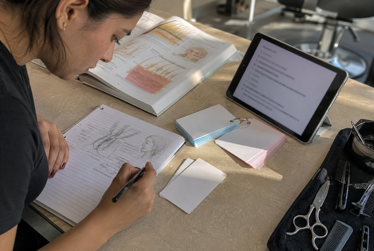 Cosmetology student studies theory exam topics with blank flashcards, anatomy notes, blurred tablet questions, and clean salon tools nearby.