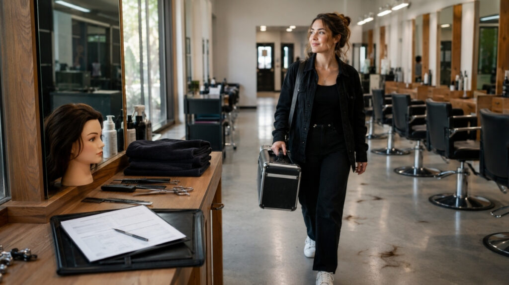A new cosmetology graduate carries a professional kit through a bright salon classroom with styling stations, tools, towels, forms, and a mannequin head prepared for career readiness.