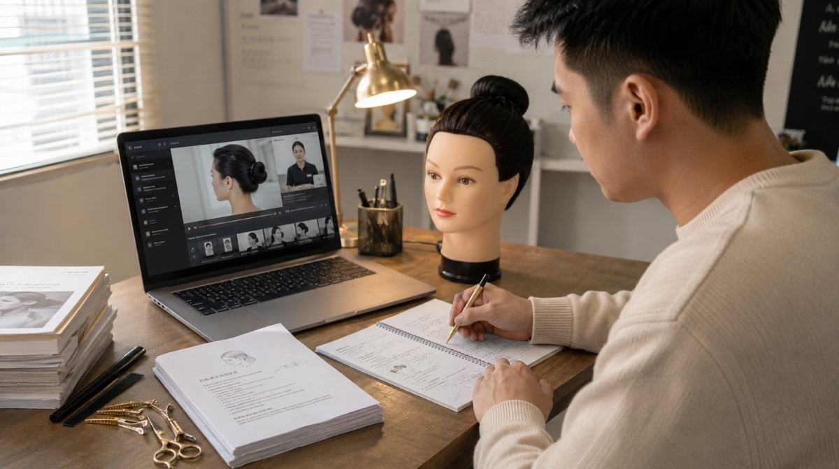 Beauty educator reviewing online theory lesson on a laptop beside a mannequin head, printed curriculum notes, student assignments, combs, clips, and shears.