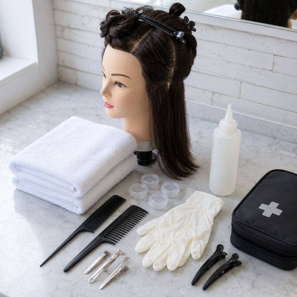 Organized cosmetology practical exam setup with a sectioned mannequin head, combs, clips, gloves, towels, containers, and first aid pouch.