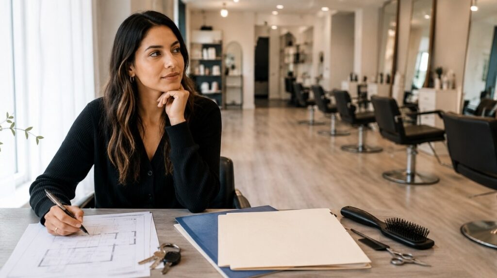 Prospective salon owner reviews blank legal folders, a floor plan, keys, and clean tools at a consultation table with styling chairs behind.