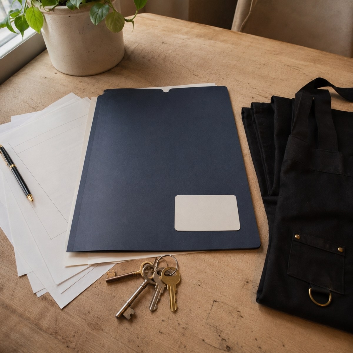 Blank insurance folder, lease documents, keys, ID style card, and folded black apron arranged on a quiet salon office desk.