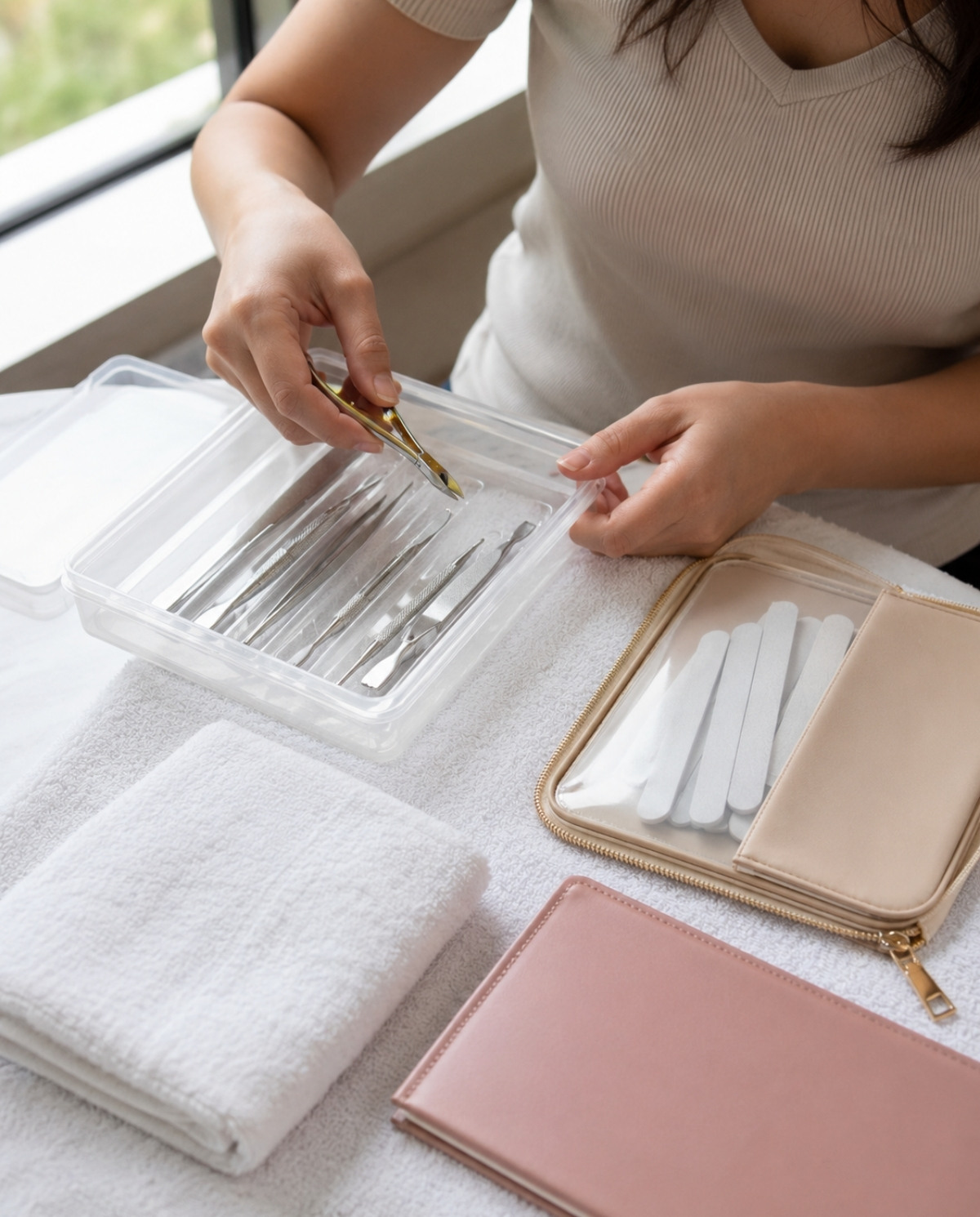 Beginner nail technician organizing sanitized manicure tools, disposable files, clean towel, and portfolio folder for a salon interview.