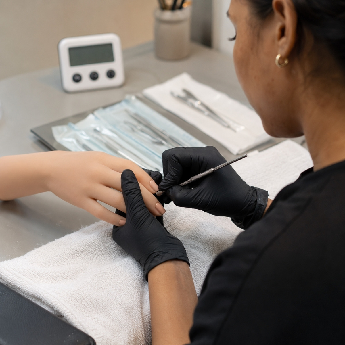 Beginner nail technician practicing a timed manicure service on a practice hand with clean towels and sanitized tools nearby.