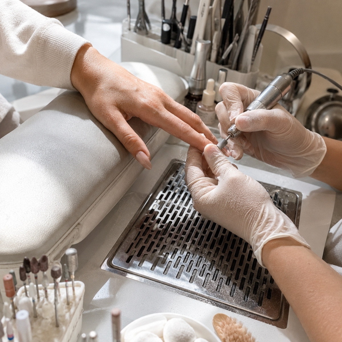 Close-up of a manicure with an electric nail file used over a source-capture ventilation intake while the client's hand rests on padded ergonomic support.