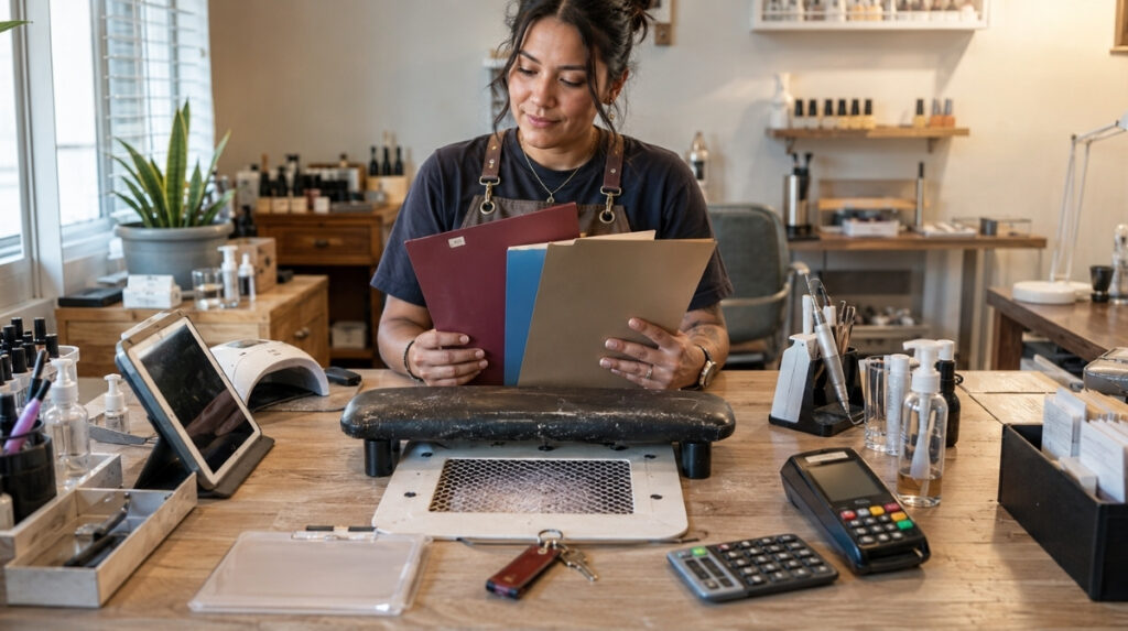 Independent nail professional reviewing three folders for insurance, taxes, and business registration at an actively used rented salon station with financial tools and nail equipment.