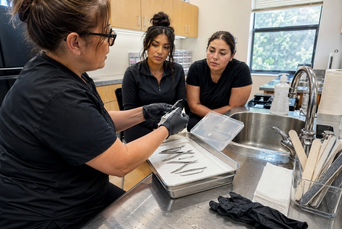 An instructor demonstrates how to clean, inspect, dry, and store reusable manicure and pedicure implements while two adult students observe at a classroom sanitation station.