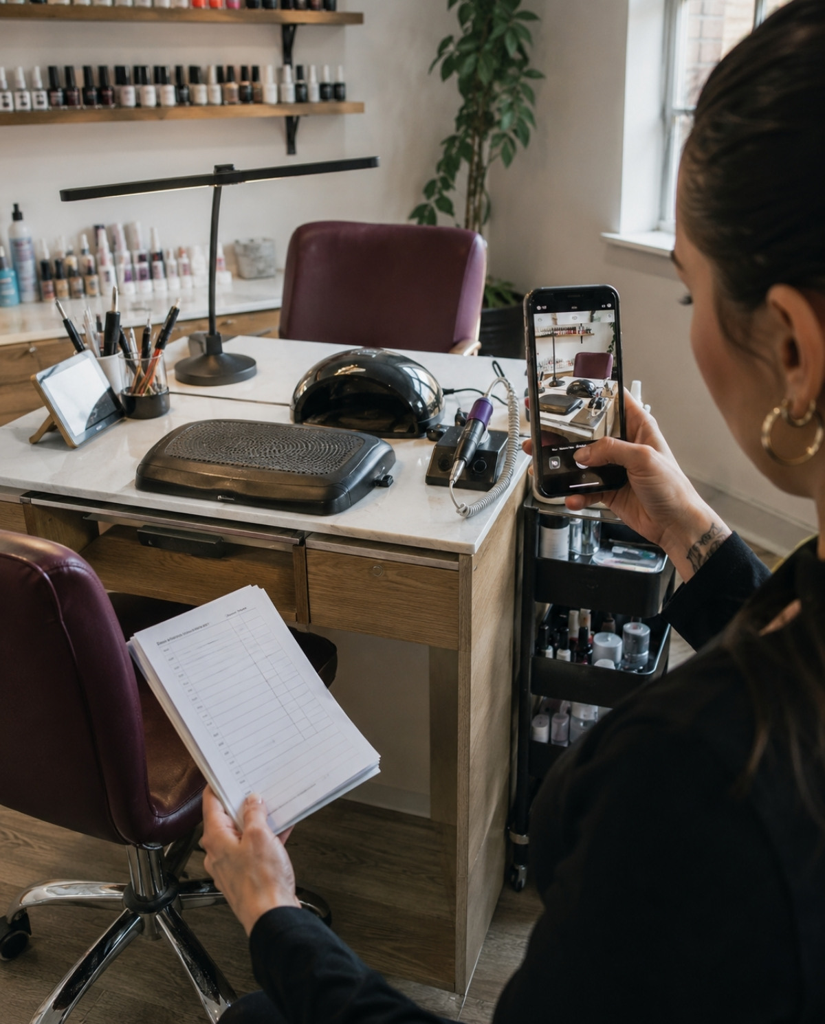 Nail business owner photographing a manicure station and reviewing an equipment inventory for property insurance and mobile equipment coverage.