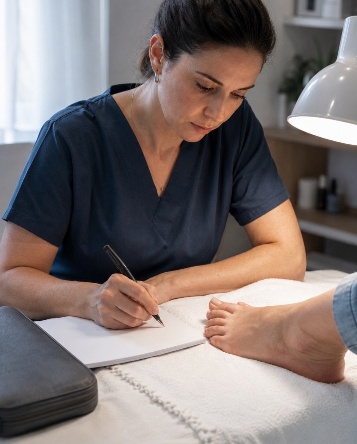 A nail technician records neutral observations on a blank form while a client’s healthy foot rests on a clean towel beneath a focused task lamp.