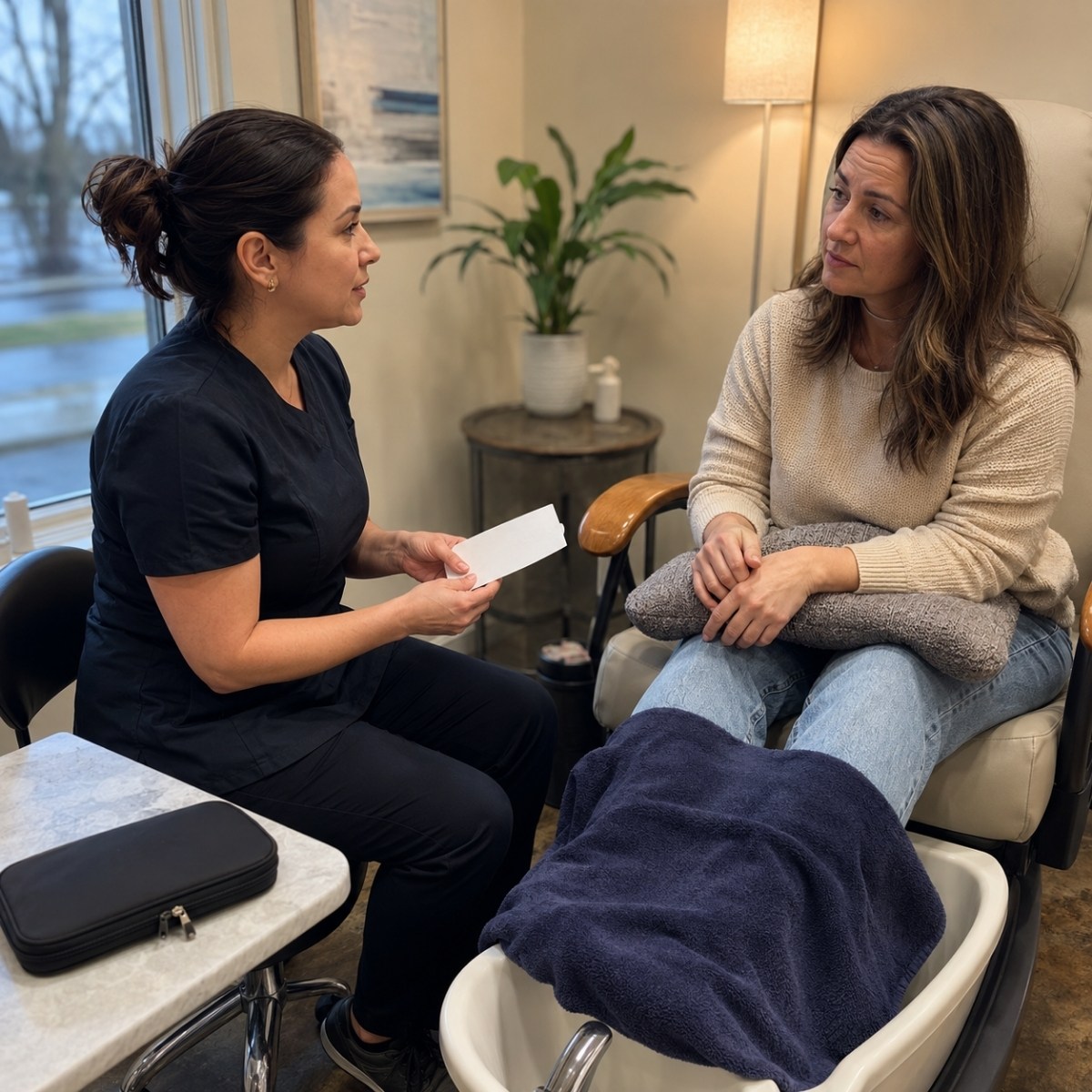 A nail technician calmly speaks with a client while holding a blank referral note, with the client’s foot covered and the closed cosmetic tool pouch set aside.