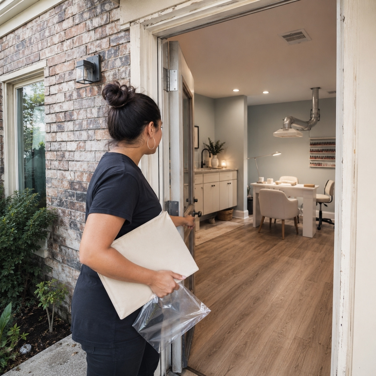 Nail technician opening a dedicated exterior entrance to a separate home based nail studio with a sink, manicure table, storage, ventilation, and clear walkway.