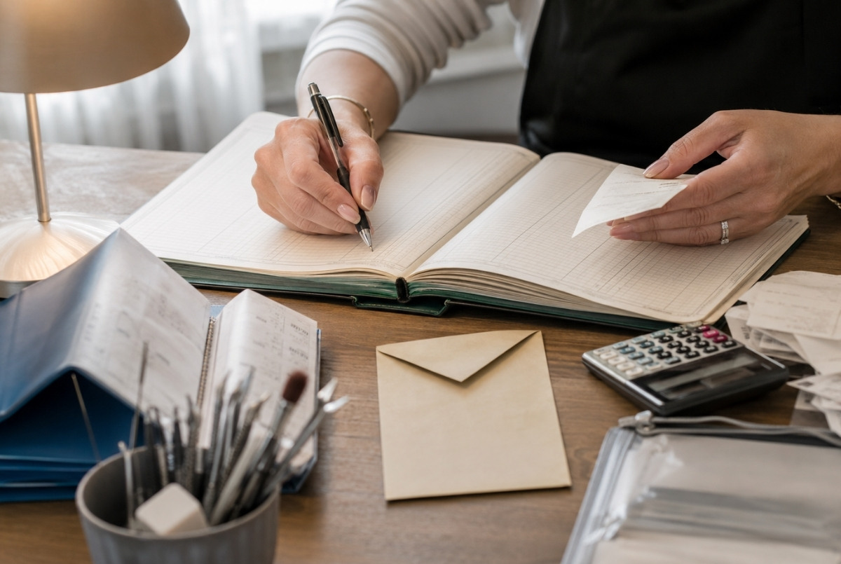 Nail technician recording cash and electronic tips in a weekly ledger while organizing receipts, appointment records, a calculator, and a bank deposit pouch.