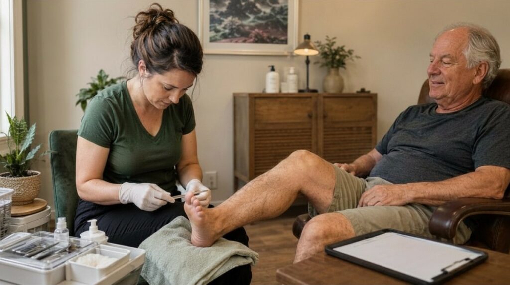 A gloved nail technician carefully files a healthy toenail for an older male client in a modest private studio with sanitized implements, disposable supplies, and a blank intake folder nearby.