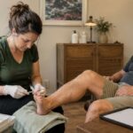 A gloved nail technician carefully files a healthy toenail for an older male client in a modest private studio with sanitized implements, disposable supplies, and a blank intake folder nearby.