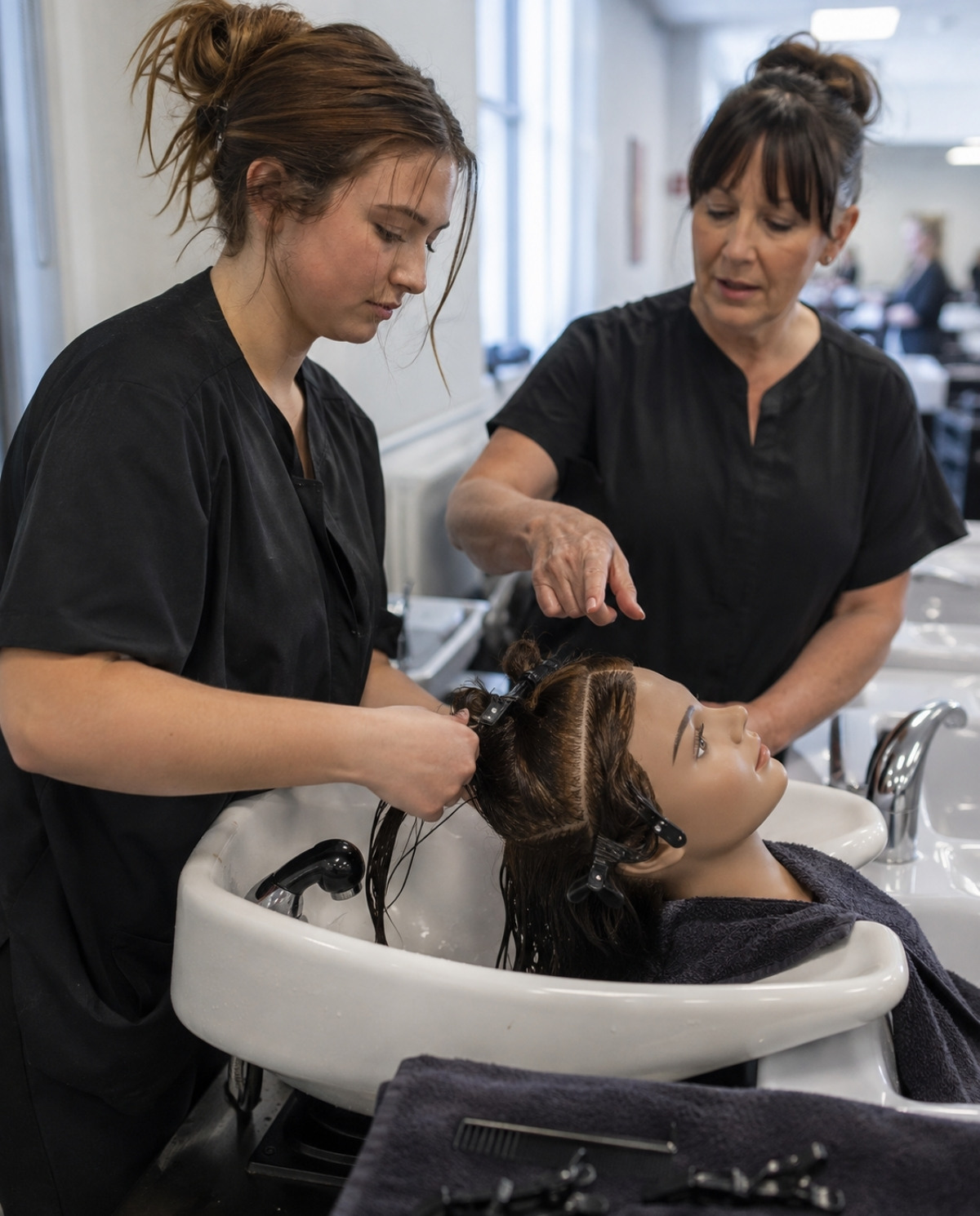 Beginner cosmetology student practicing shampooing and controlled hair sectioning on a mannequin while an instructor provides hands on guidance.