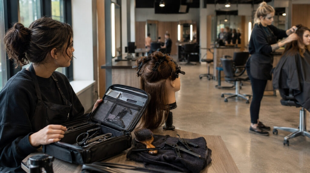 Beginning cosmetology student opens a professional training kit beside a mannequin station while observing an advanced student performing supervised hair services on a client.