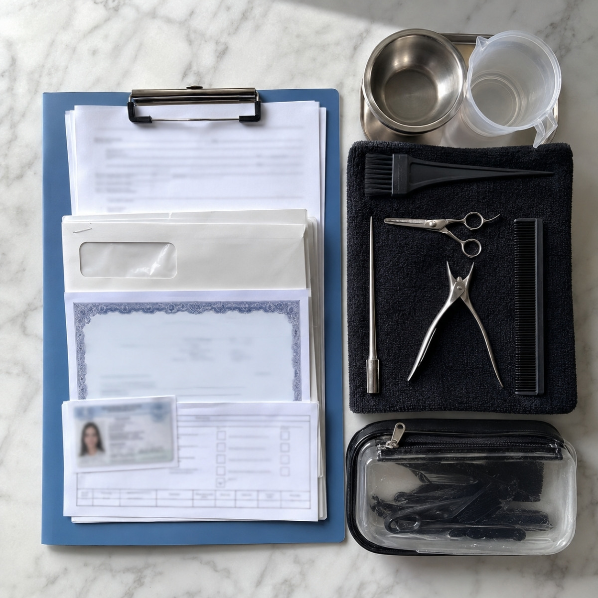 Organized cosmetology license transfer packet with credential, transcript, examination record, identification copy, checklist, and practical kit.