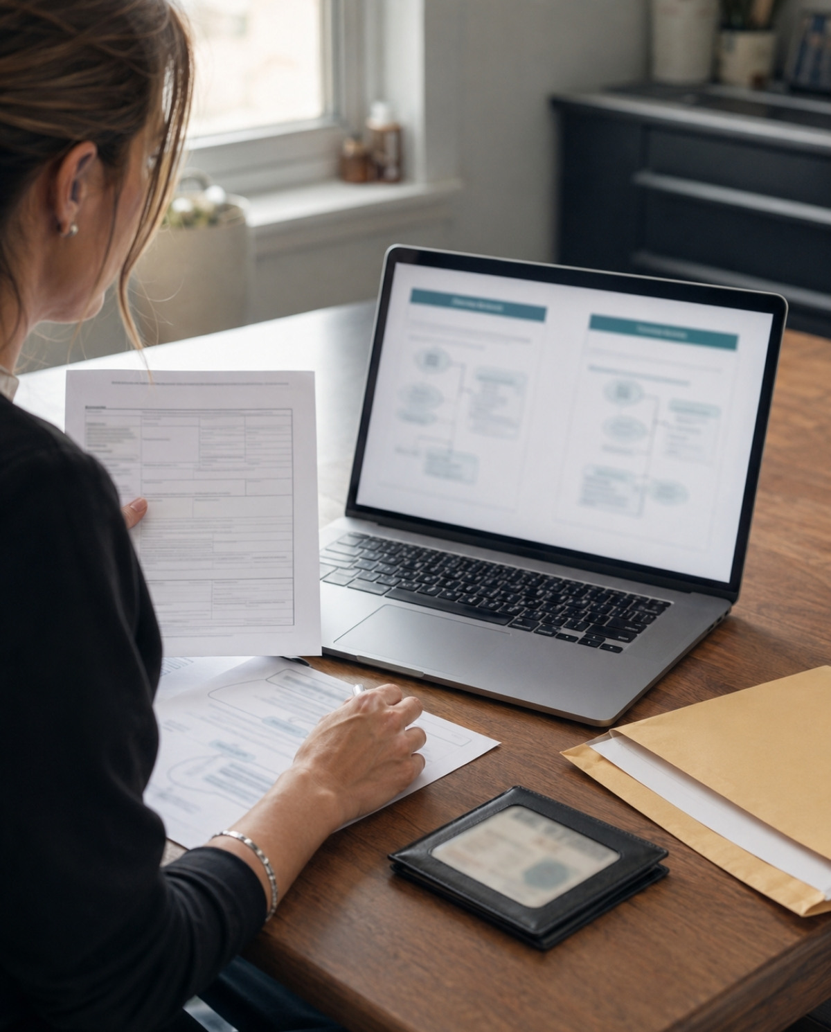 Cosmetologist comparing reciprocity and endorsement application pathways using a laptop, license documents, and verification records.