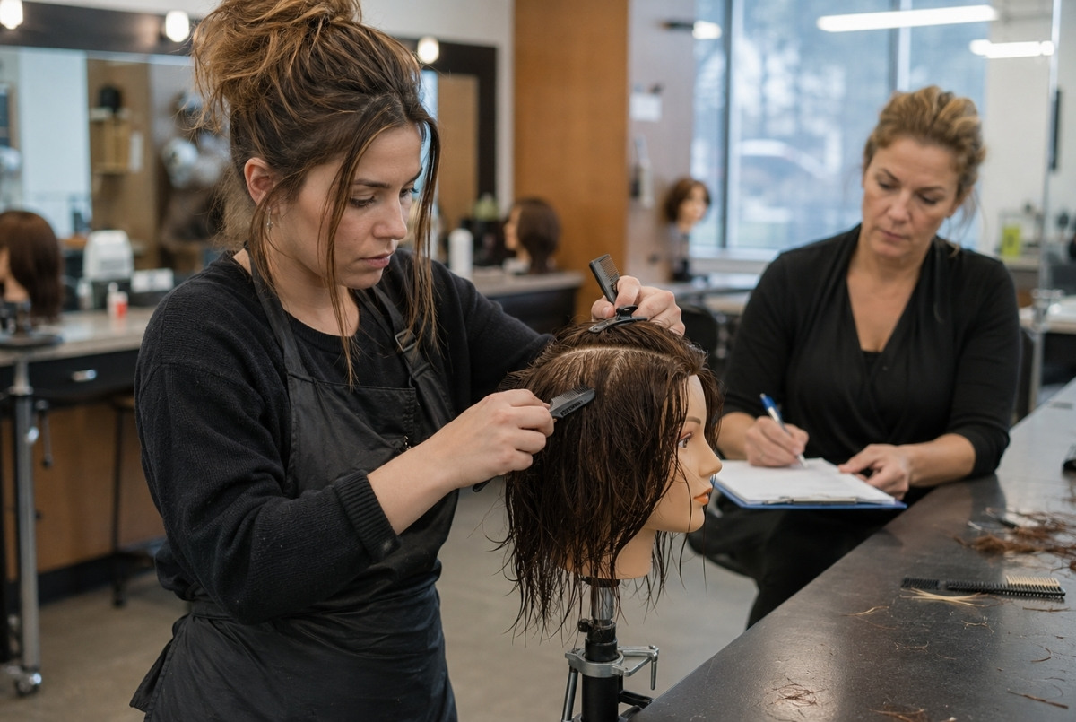 Cosmetologist practicing hair sectioning on a mannequin while an instructor records supplemental training hours.