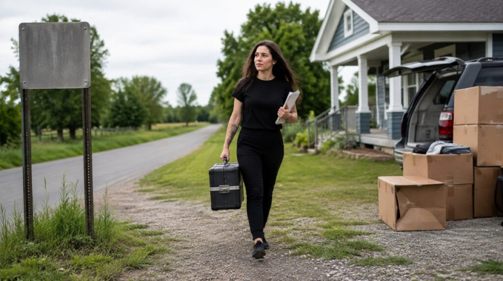 Cosmetologist carrying license documents and a professional beauty case while arriving at a new home during an interstate move.