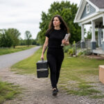 Cosmetologist carrying license documents and a professional beauty case while arriving at a new home during an interstate move.
