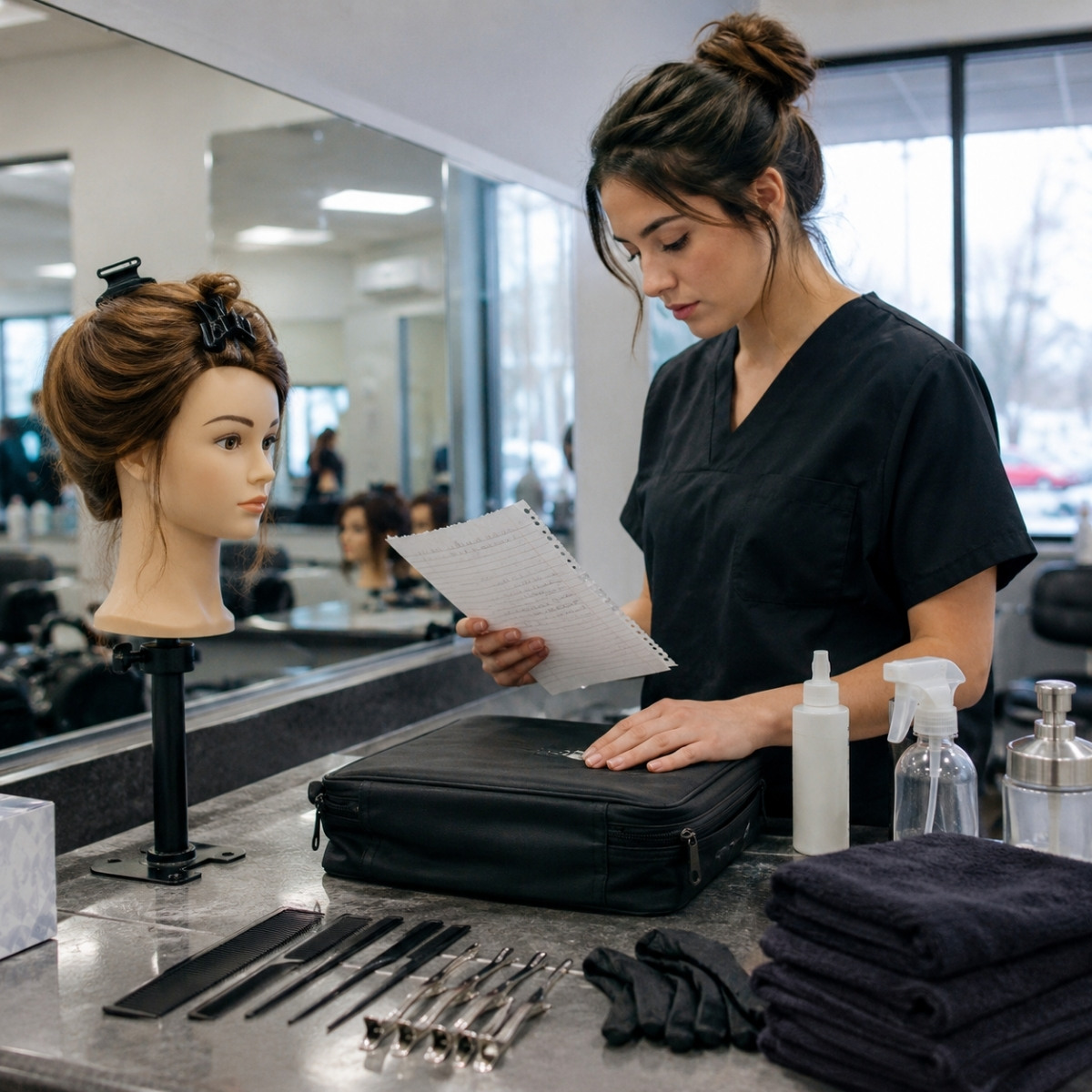 Cosmetology student reviews an unreadable preparation checklist beside an organized practical kit, mannequin head, combs, clips, gloves, towels, and sanitation supplies.