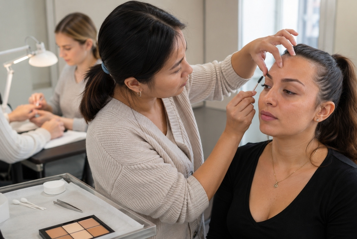 Cosmetology student carefully grooms an adult class partner’s eyebrow with a spoolie while makeup tools and a manicure practice area appear nearby.