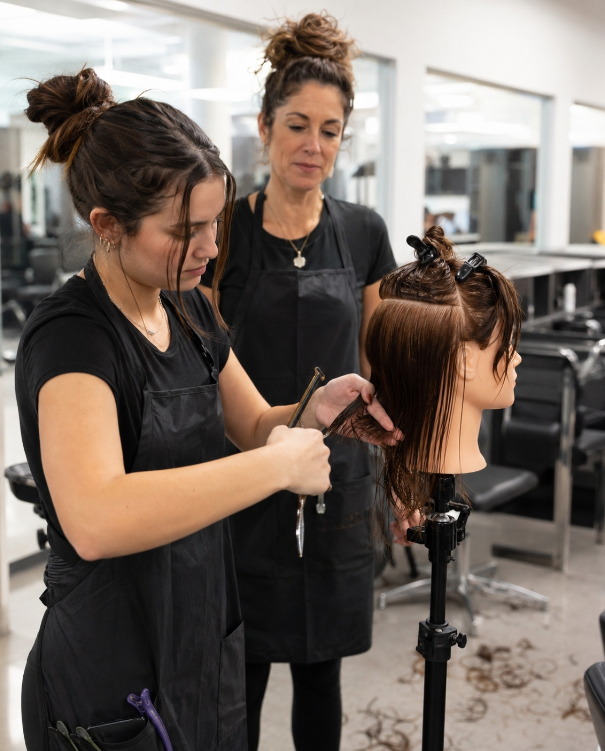 Cosmetology student practices a layered haircut on wet mannequin hair using sectioning clips, a comb, and shears while an instructor observes the technique.