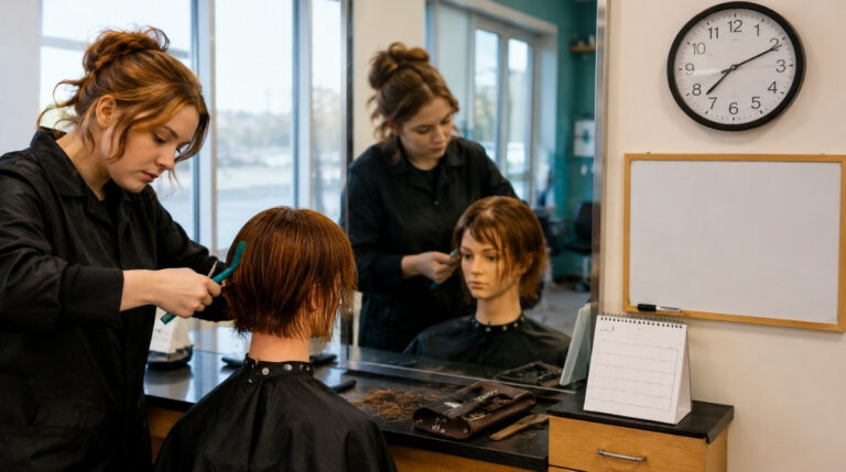 Cosmetology student practices a layered mannequin haircut beside a clock, calendar, and blank board used to track required training hours.