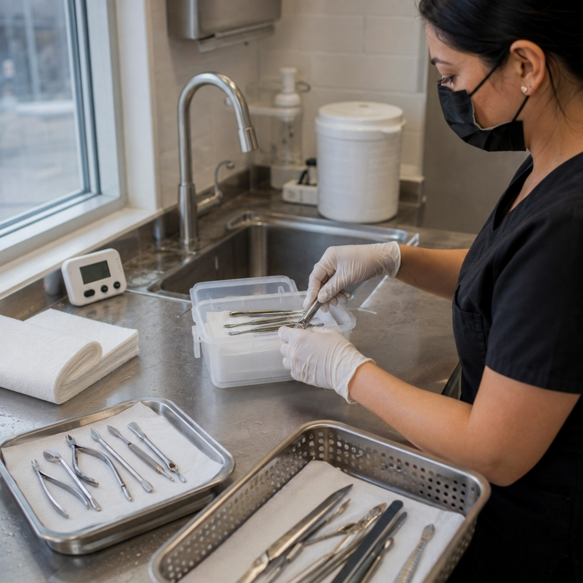 Nail technician disinfects reusable manicure implements at a sanitation station while separating cleaned tools from used items beside a timer, gloves, and clean storage container.