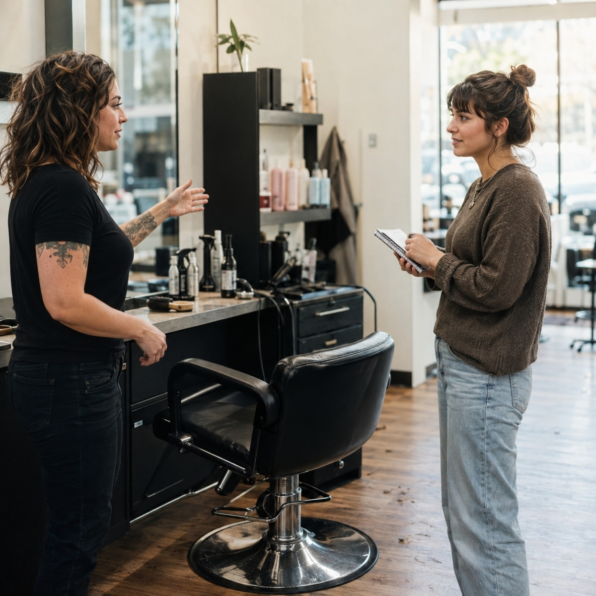Prospective cosmetology student holding a notebook while speaking with a working hairstylist beside an active salon station.