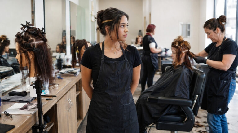 Prospective cosmetology student standing between a mannequin practice station and an active client service area while considering professional beauty training.