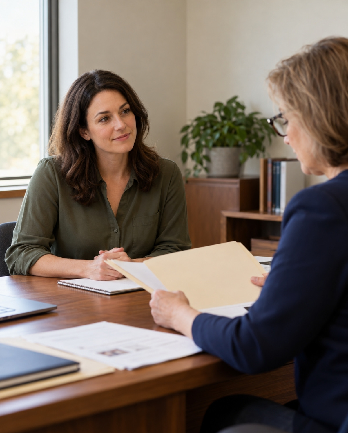 Prospective beauty instructor listens to a program director reviewing an application folder, with supporting documents arranged on the office desk.