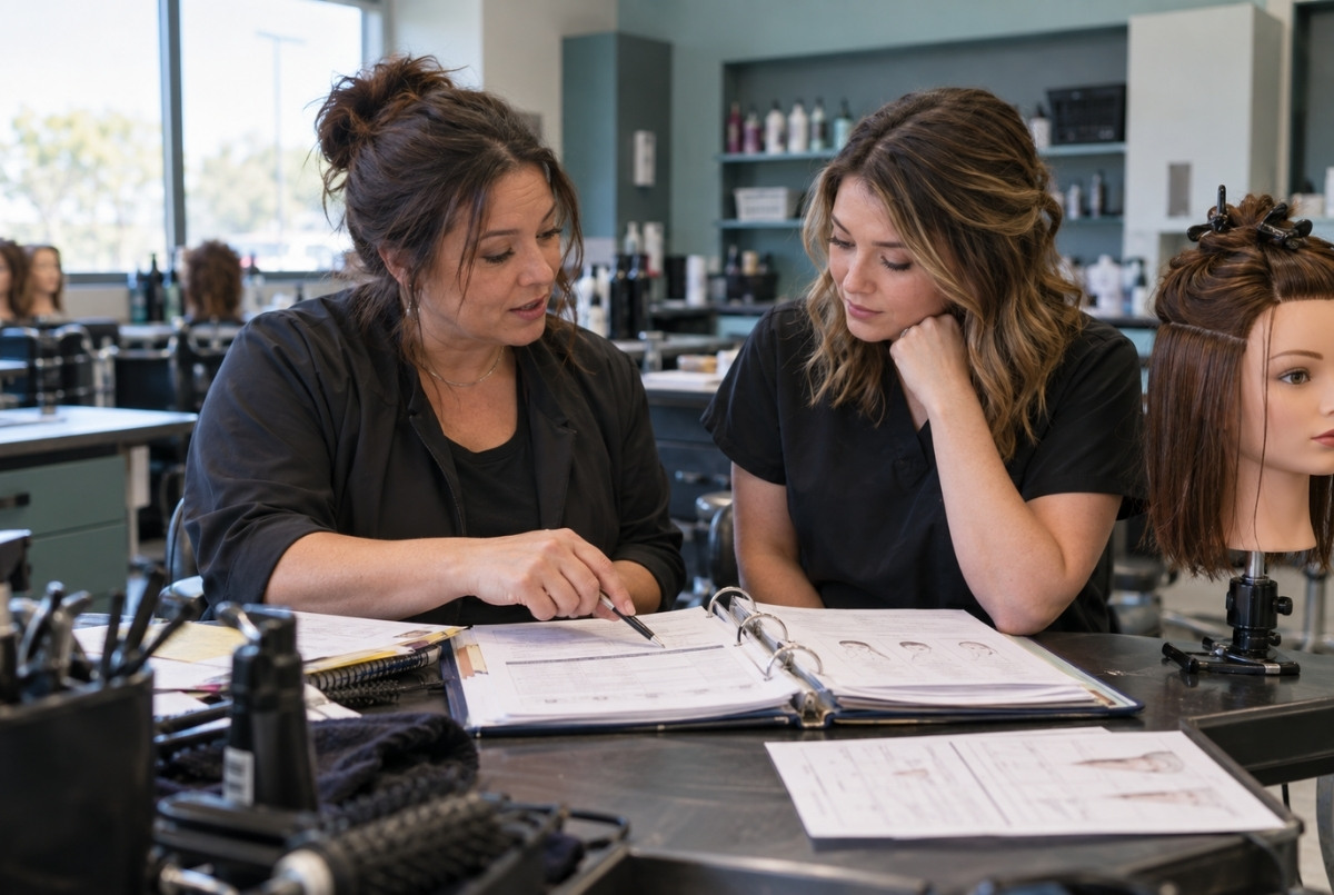 Experienced cosmetology educator and newer faculty member review an open lesson binder and assessment pages beside a mounted mannequin.