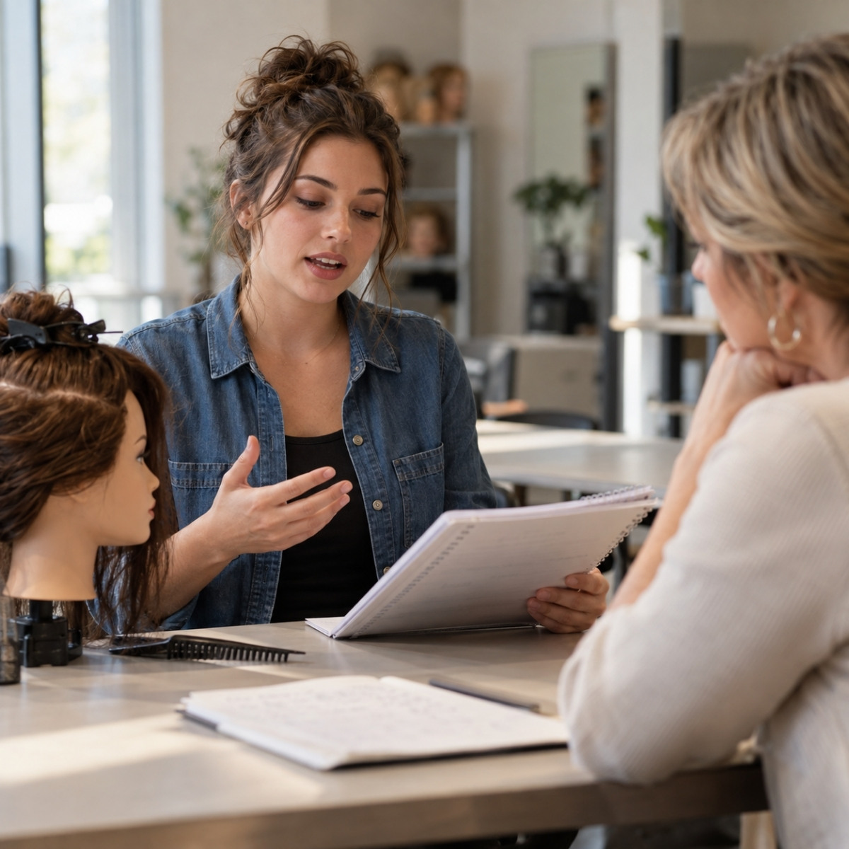 Instructor trainee explains a lesson outline with a restrained hand gesture while a mentor listens across a table beside a mannequin and comb.