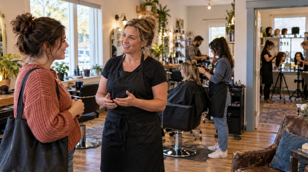 Prospective cosmetologist speaking with an experienced stylist while supervised salon training and mannequin-based classroom practice continue nearby.